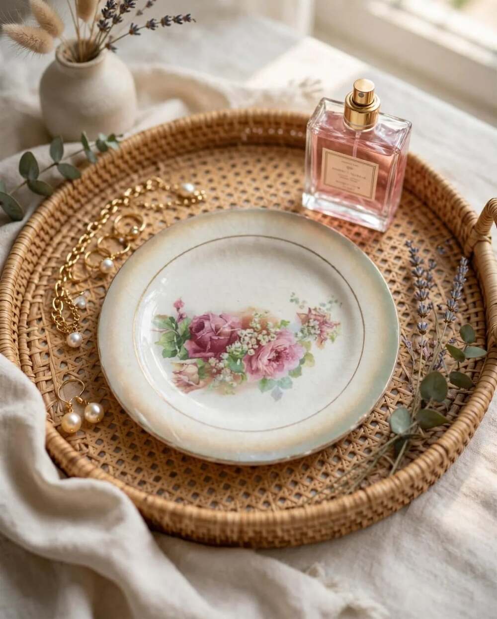 Vintage Floral Porcelain Salad Plate with Pink Roses and Gold Trim
